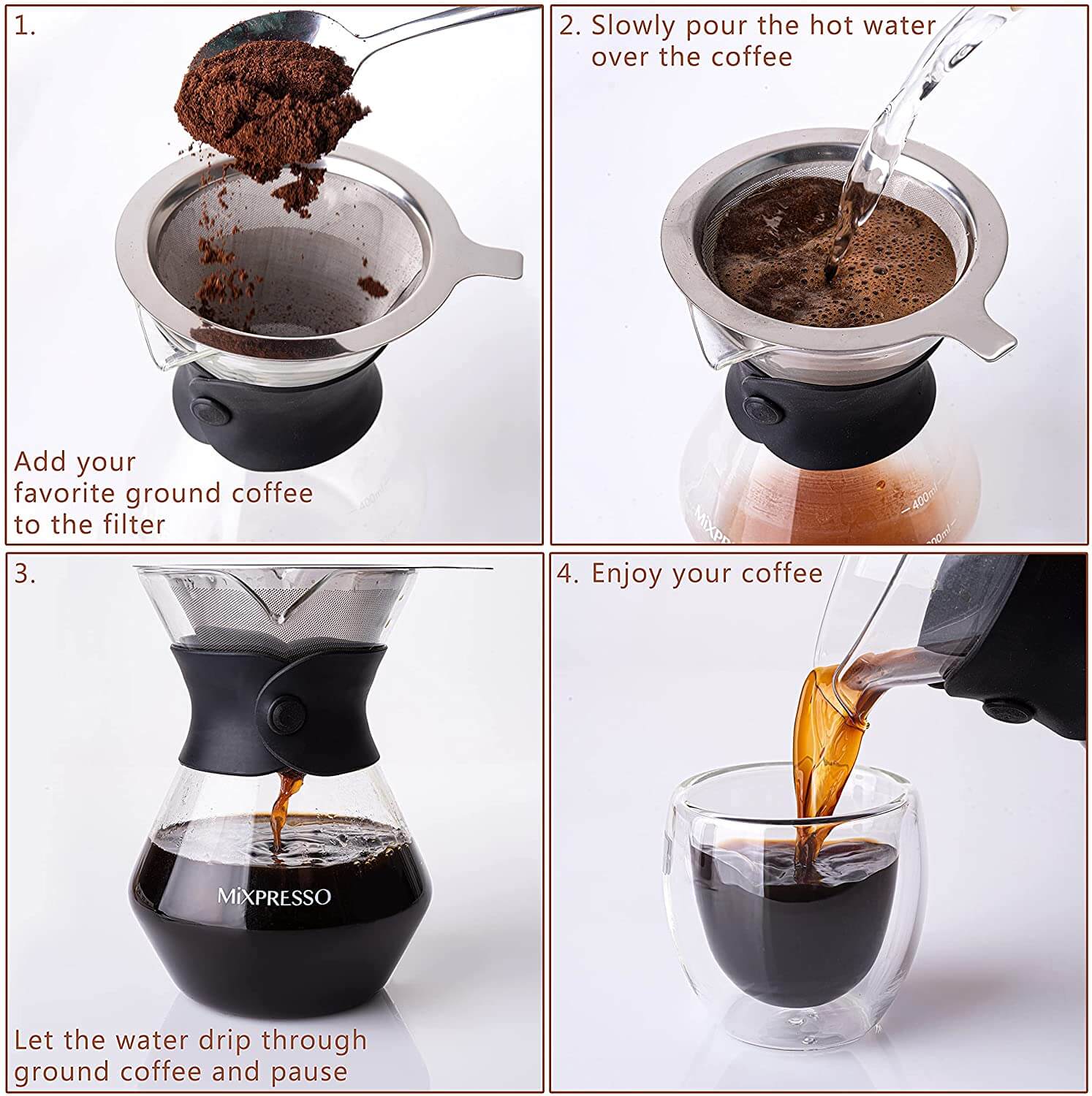 Mixpresso Pour Over Coffee Maker Set Glass Carafe Borosilicate White Protective Silicone Sleeve, Pour Over Coffee Dripper Brewer With Double-layer Stainless Steel Filter 13.5 Oz