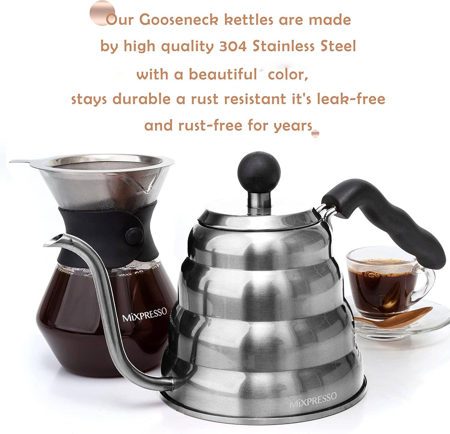 Mixpresso Gooseneck Pour Over Coffee Kettle, Barista Pour Control Design, Ideal for Coffee and Tea, High-Grade Stainless Steel 1.2 Liter 40 Oz, Induction Cooker Stovetop Kettle Stainless Steel