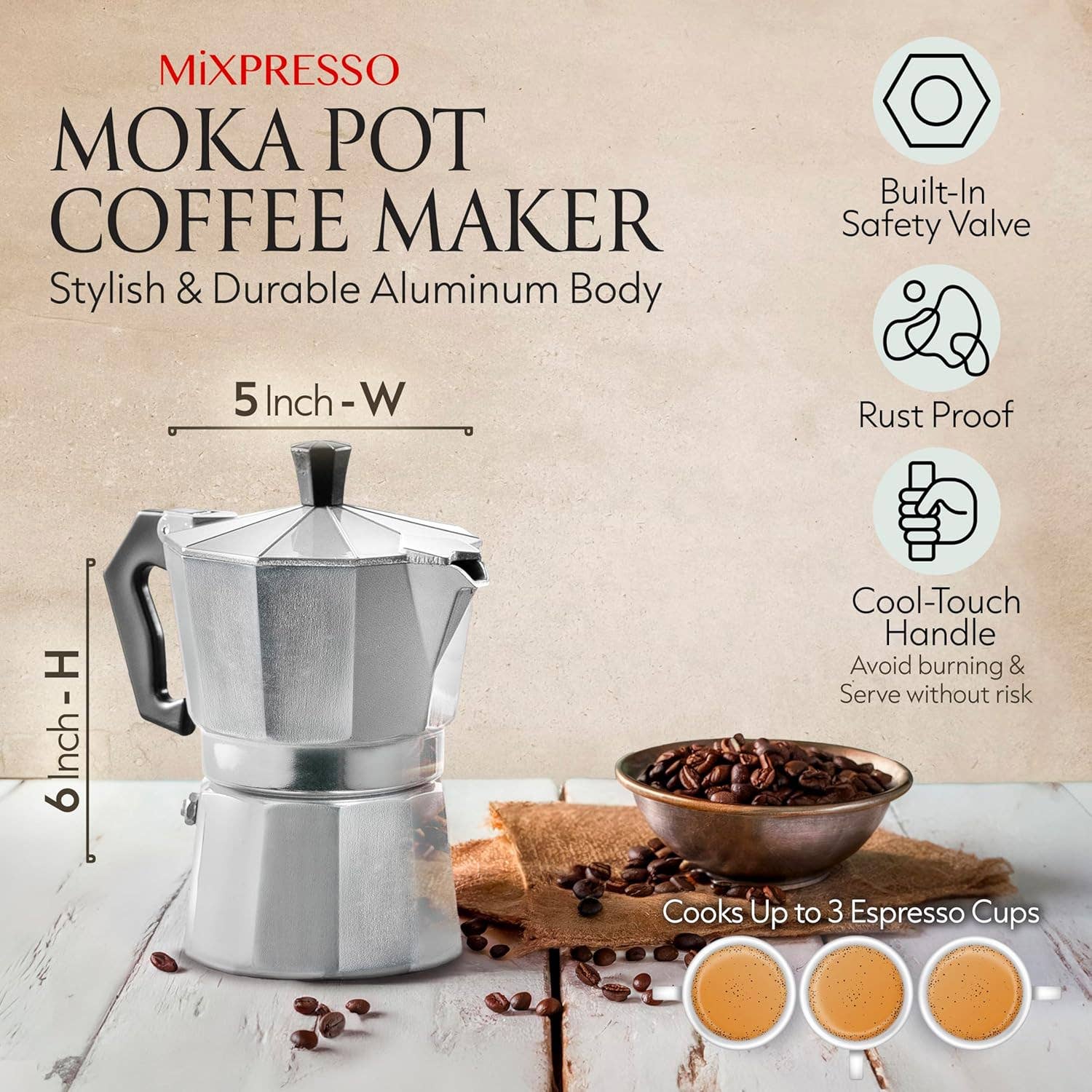 Mixpresso 3 Cup Moka Pot Coffee Maker for Gas, Electric Stove Top, Classic Italian Espresso Maker, Stovetop for Camping, Makes 5 Oz Cuban Coffee