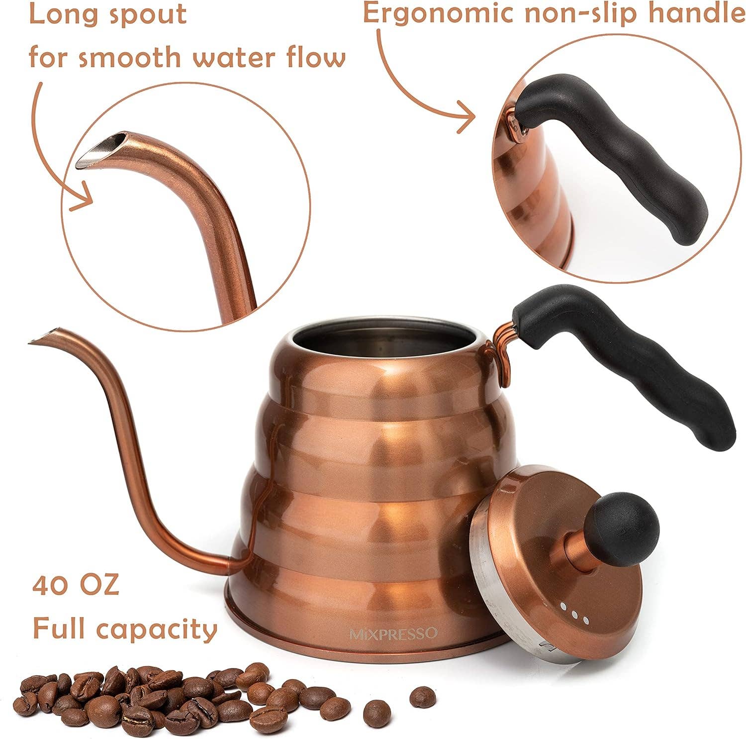 Mixpresso Gooseneck Pour Over Coffee Kettle, Barista Pour Control Design, Ideal for Coffee and Tea, High-Grade Stainless Steel 1.2 Liter 40 Oz, Induction Cooker Stovetop Kettle Stainless Steel
