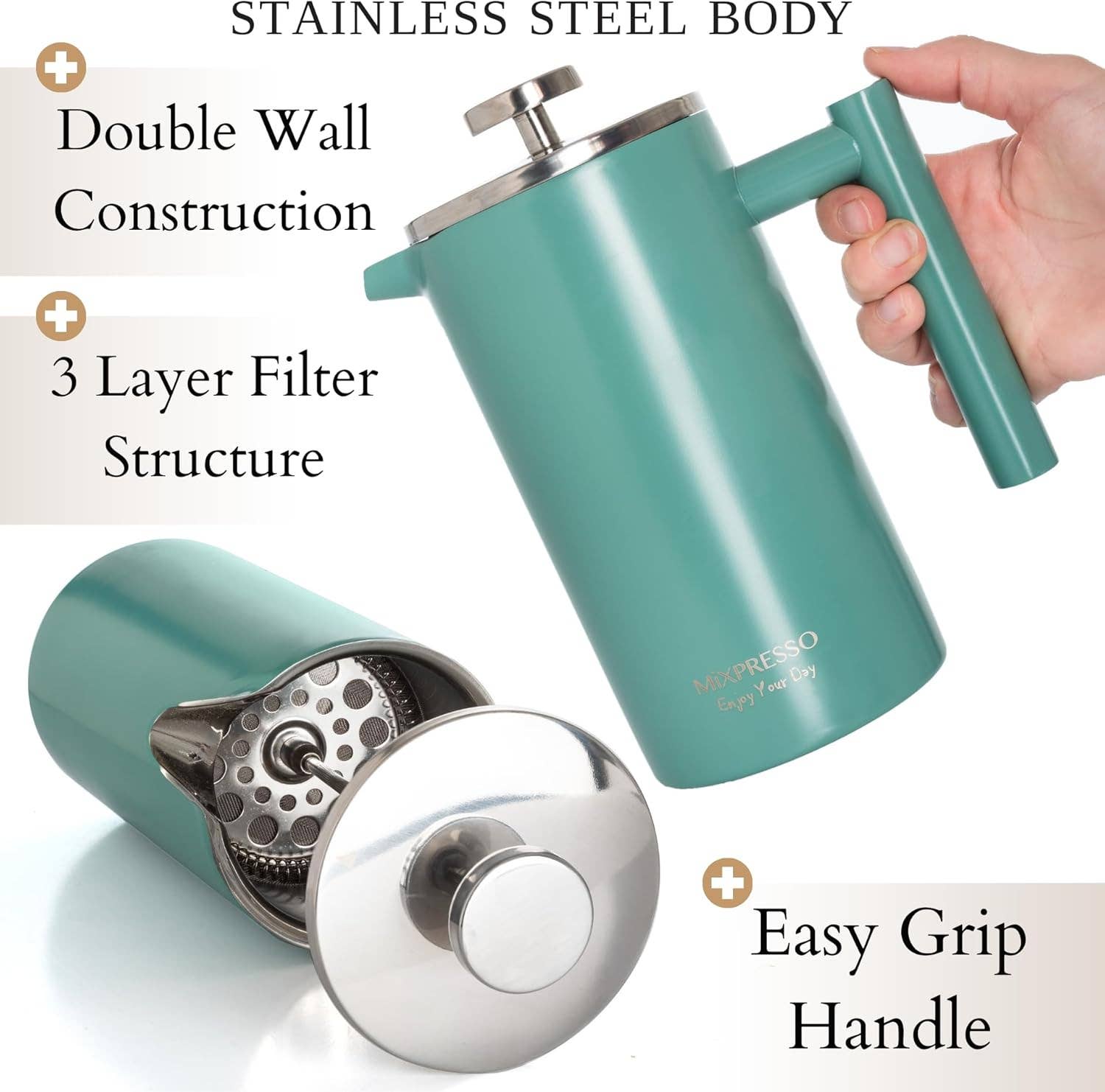 Mixpresso Stainless Steel French Press Coffee Maker 27 Oz 800ML Double Wall Metal Insulated Coffee Press & Tea Brewer