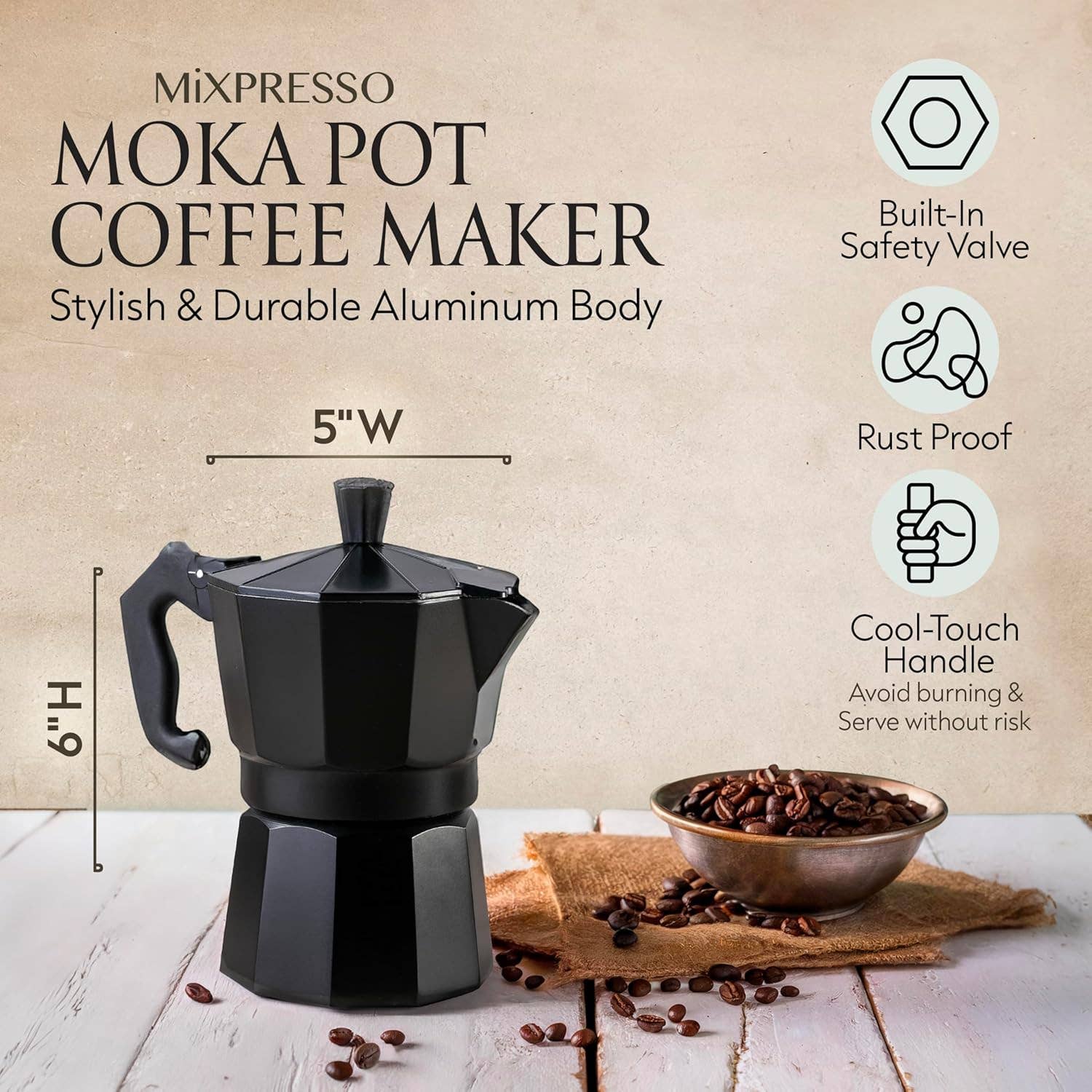 Mixpresso 3 Cup Moka Pot Coffee Maker for Gas, Electric Stove Top, Classic Italian Espresso Maker, Stovetop for Camping, Makes 5 Oz Cuban Coffee