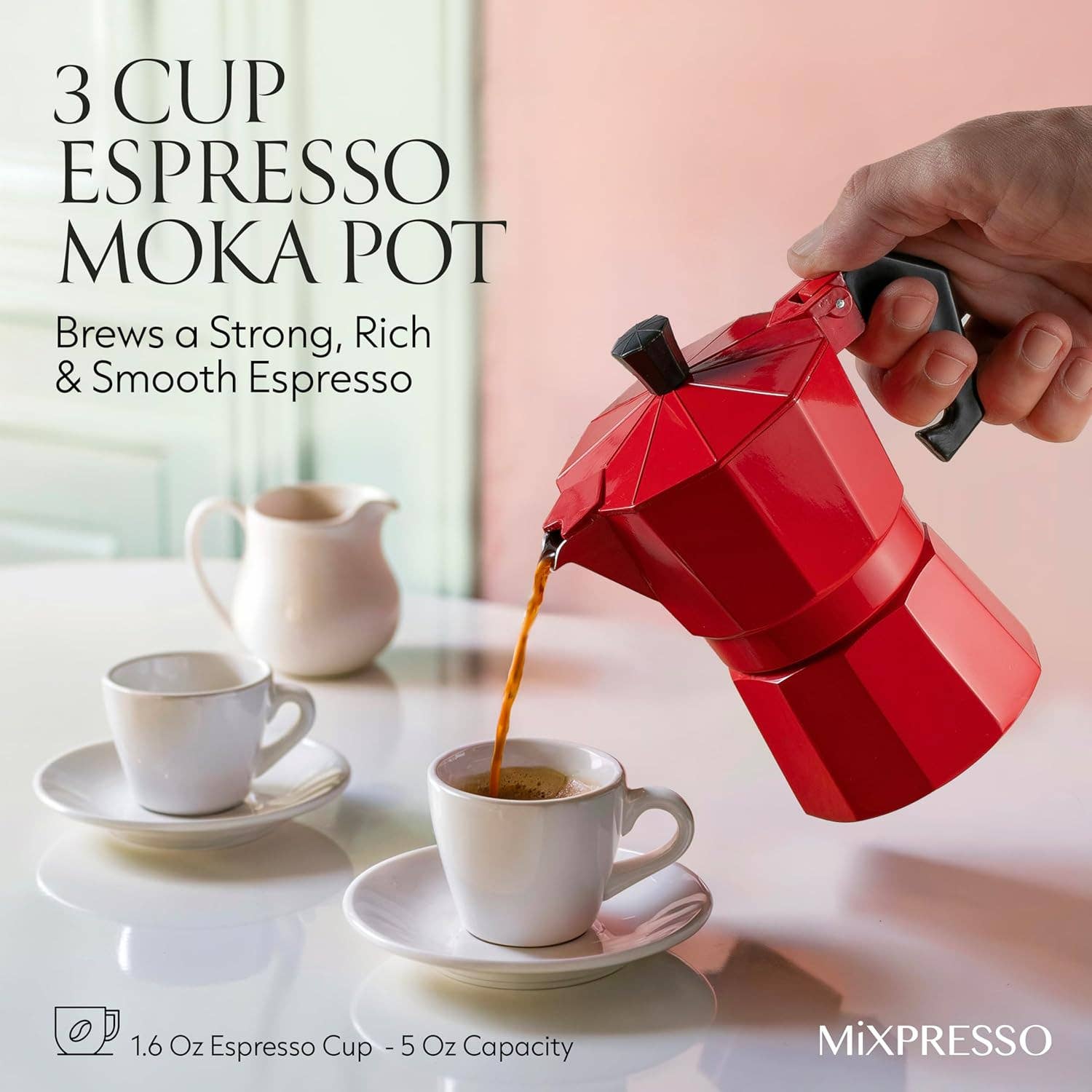 Mixpresso 3 Cup Moka Pot Coffee Maker for Gas, Electric Stove Top, Classic Italian Espresso Maker, Stovetop for Camping, Makes 5 Oz Cuban Coffee