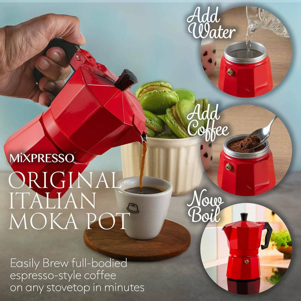 Mixpresso 3 Cup Moka Pot Coffee Maker for Gas, Electric Stove Top, Classic Italian Espresso Maker, Stovetop for Camping, Makes 5 Oz Cuban Coffee