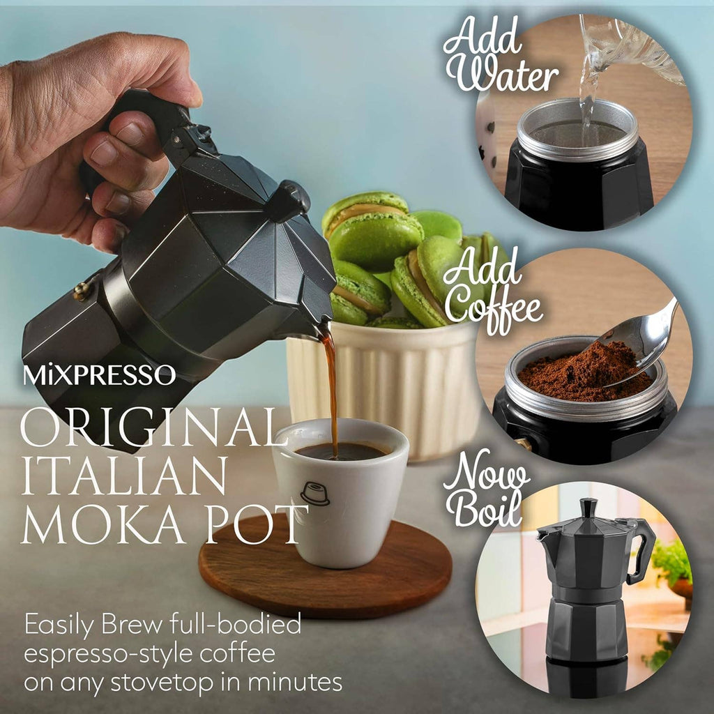 Mixpresso 3 Cup Moka Pot Coffee Maker for Gas, Electric Stove Top, Classic Italian Espresso Maker, Stovetop for Camping, Makes 5 Oz Cuban Coffee